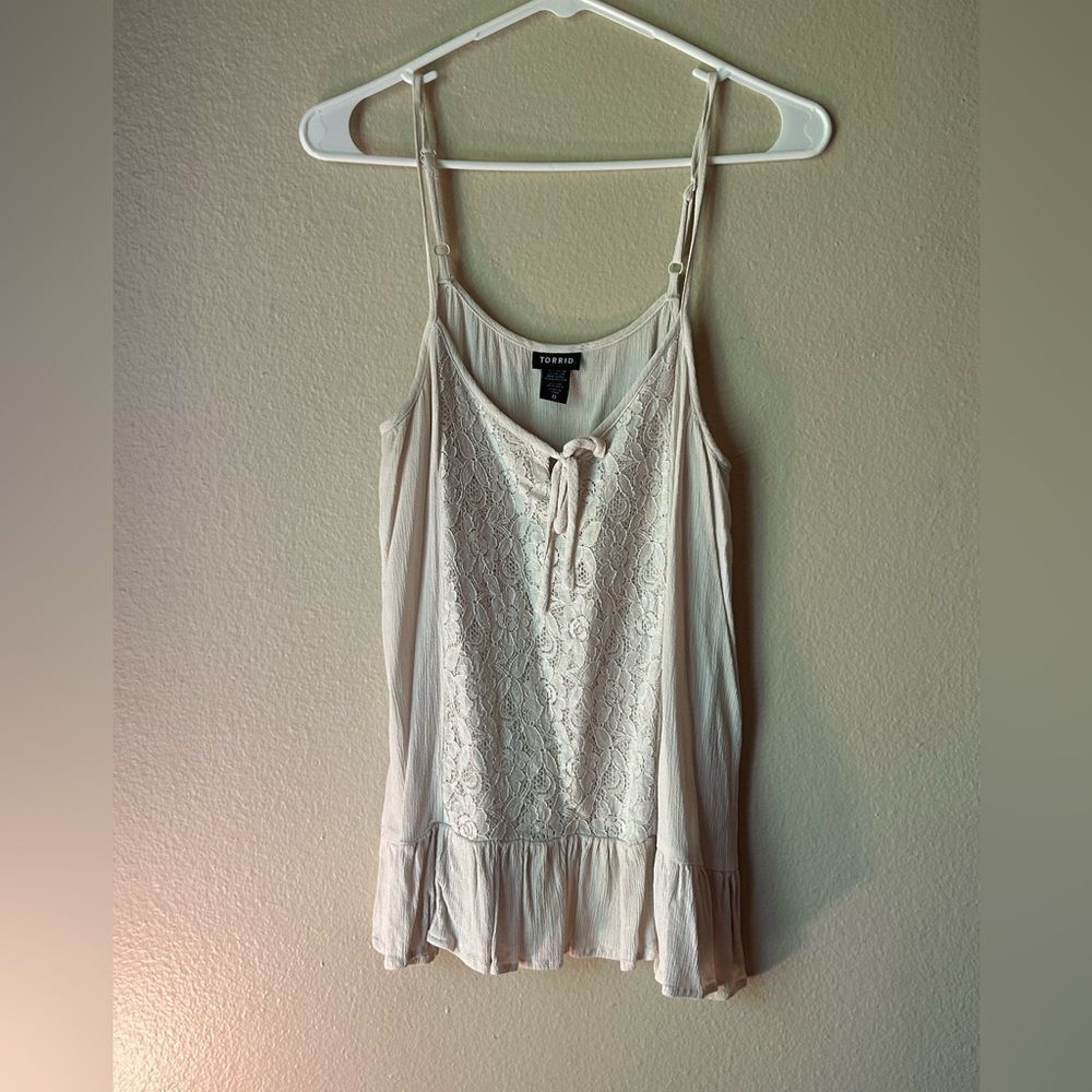 Torrid Cream Lace Tie Front Peplum Pleated Camisole - Size 0